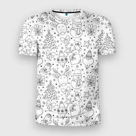 Мужская футболка 3D Slim с принтом Черно белый новогодний патерн в Белгороде, 100% полиэстер с улучшенными характеристиками | приталенный силуэт, круглая горловина, широкие плечи, сужается к линии бедра | 