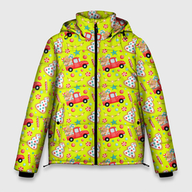 Мужская зимняя куртка 3D с принтом Красная машина с подарками в Тюмени, верх — 100% полиэстер; подкладка — 100% полиэстер; утеплитель — 100% полиэстер | длина ниже бедра, свободный силуэт Оверсайз. Есть воротник-стойка, отстегивающийся капюшон и ветрозащитная планка. 

Боковые карманы с листочкой на кнопках и внутренний карман на молнии. | 