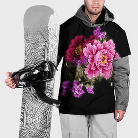 Накидка на куртку 3D с принтом Яркие пионы и флоксы в букете на чёрном в Курске, 100% полиэстер |  | Тематика изображения на принте: 