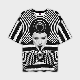 Мужская футболка oversize 3D с принтом Черно белый портрет девушки  на полосатом в Петрозаводске,  |  | 
