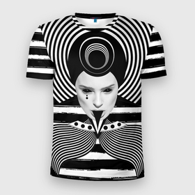 Мужская футболка 3D Slim с принтом Черно белый портрет девушки  на полосатом в Петрозаводске, 100% полиэстер с улучшенными характеристиками | приталенный силуэт, круглая горловина, широкие плечи, сужается к линии бедра | 