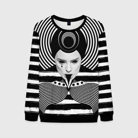 Мужской свитшот 3D с принтом Черно белый портрет девушки  на полосатом в Петрозаводске, 100% полиэстер с мягким внутренним слоем | круглый вырез горловины, мягкая резинка на манжетах и поясе, свободная посадка по фигуре | 