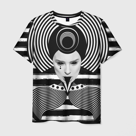 Мужская футболка 3D с принтом Черно белый портрет девушки  на полосатом в Петрозаводске, 100% полиэфир | прямой крой, круглый вырез горловины, длина до линии бедер | 