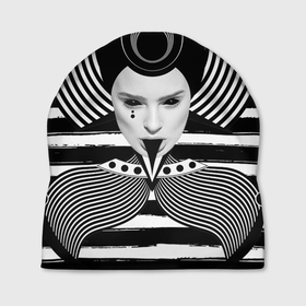 Шапка 3D с принтом Черно белый портрет девушки  на полосатом в Петрозаводске, 100% полиэстер | универсальный размер, печать по всей поверхности изделия | 
