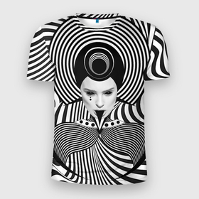 Мужская футболка 3D Slim с принтом Чёрно белый портрет девушки оптическая иллюзия в Курске, 100% полиэстер с улучшенными характеристиками | приталенный силуэт, круглая горловина, широкие плечи, сужается к линии бедра | 