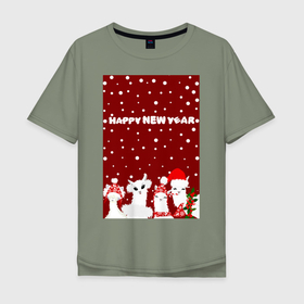 Мужская футболка хлопок Oversize с принтом Семья лам на новогодних каникулах в Курске, 100% хлопок | свободный крой, круглый ворот, “спинка” длиннее передней части | 