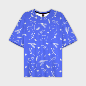 Мужская футболка oversize 3D с принтом Синий рождественский принт с оленями ,  |  | Тематика изображения на принте: 