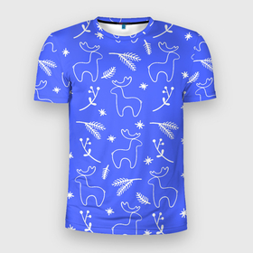Мужская футболка 3D Slim с принтом Синий рождественский принт с оленями , 100% полиэстер с улучшенными характеристиками | приталенный силуэт, круглая горловина, широкие плечи, сужается к линии бедра | 