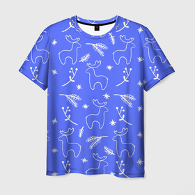 Мужская футболка 3D с принтом Синий рождественский принт с оленями в Тюмени, 100% полиэфир | прямой крой, круглый вырез горловины, длина до линии бедер | Тематика изображения на принте: 