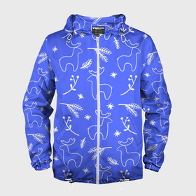 Мужская ветровка 3D с принтом Синий рождественский принт с оленями в Екатеринбурге, 100% полиэстер | подол и капюшон оформлены резинкой с фиксаторами, два кармана без застежек по бокам, один потайной карман на груди | 