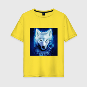 Женская футболка хлопок Oversize с принтом Белый wolf в Белгороде, 100% хлопок | свободный крой, круглый ворот, спущенный рукав, длина до линии бедер
 | 
