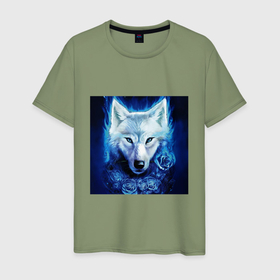 Мужская футболка хлопок с принтом Белый wolf в городе Новоалтайск, 100% хлопок | прямой крой, круглый вырез горловины, длина до линии бедер, слегка спущенное плечо. | 
