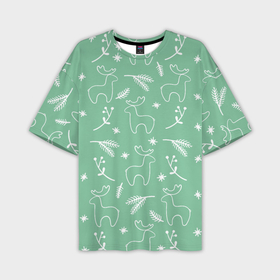 Мужская футболка oversize 3D с принтом Зеленый рождественский узор с оленями в Тюмени,  |  | Тематика изображения на принте: 