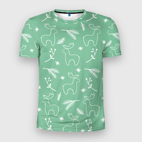 Мужская футболка 3D Slim с принтом Зеленый рождественский узор с оленями в Тюмени, 100% полиэстер с улучшенными характеристиками | приталенный силуэт, круглая горловина, широкие плечи, сужается к линии бедра | 