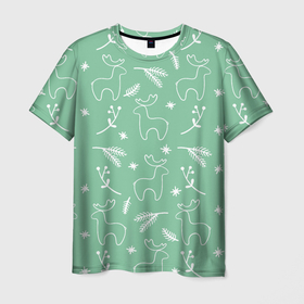 Мужская футболка 3D с принтом Зеленый рождественский узор с оленями в Тюмени, 100% полиэфир | прямой крой, круглый вырез горловины, длина до линии бедер | Тематика изображения на принте: 