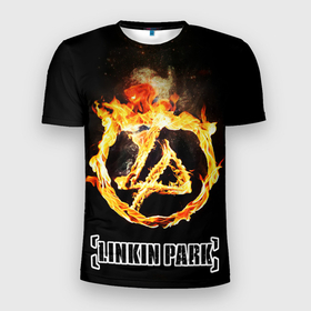 Мужская футболка 3D Slim с принтом Linkin Park   fire logo в Белгороде, 100% полиэстер с улучшенными характеристиками | приталенный силуэт, круглая горловина, широкие плечи, сужается к линии бедра | Тематика изображения на принте: 