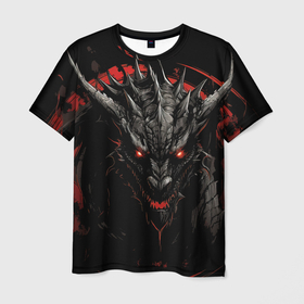 Мужская футболка 3D с принтом Черный дракон  с красными глазами в Белгороде, 100% полиэфир | прямой крой, круглый вырез горловины, длина до линии бедер | 
