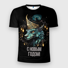 Мужская футболка 3D Slim с принтом Небесный дракон северного сияний в Петрозаводске, 100% полиэстер с улучшенными характеристиками | приталенный силуэт, круглая горловина, широкие плечи, сужается к линии бедра | Тематика изображения на принте: 