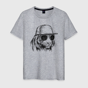 Мужская футболка хлопок с принтом Тигр в кепке в Тюмени, 100% хлопок | прямой крой, круглый вырез горловины, длина до линии бедер, слегка спущенное плечо. | 