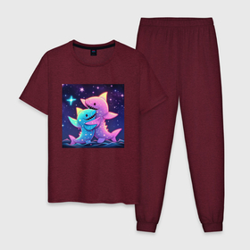 Мужская пижама хлопок с принтом Звездные акулы , 100% хлопок | брюки и футболка прямого кроя, без карманов, на брюках мягкая резинка на поясе и по низу штанин
 | 