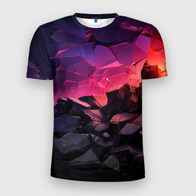 Мужская футболка 3D Slim с принтом Темные фиолетовые камни текстура в Кировске, 100% полиэстер с улучшенными характеристиками | приталенный силуэт, круглая горловина, широкие плечи, сужается к линии бедра | 