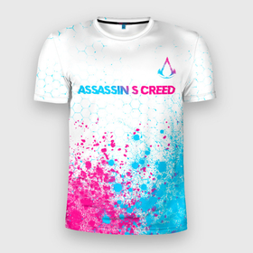 Мужская футболка 3D Slim с принтом Assassins Creed neon gradient style посередине в Новосибирске, 100% полиэстер с улучшенными характеристиками | приталенный силуэт, круглая горловина, широкие плечи, сужается к линии бедра | 