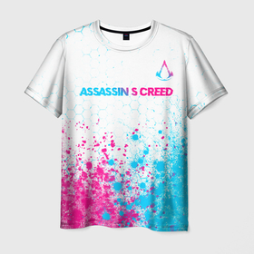 Мужская футболка 3D с принтом Assassins Creed neon gradient style посередине в Тюмени, 100% полиэфир | прямой крой, круглый вырез горловины, длина до линии бедер | Тематика изображения на принте: 