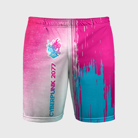 Мужские шорты спортивные с принтом Cyberpunk 2077 neon gradient style по вертикали в Петрозаводске,  |  | 