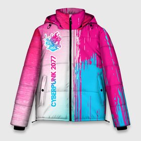 Мужская зимняя куртка 3D с принтом Cyberpunk 2077 neon gradient style по вертикали в Новосибирске, верх — 100% полиэстер; подкладка — 100% полиэстер; утеплитель — 100% полиэстер | длина ниже бедра, свободный силуэт Оверсайз. Есть воротник-стойка, отстегивающийся капюшон и ветрозащитная планка. 

Боковые карманы с листочкой на кнопках и внутренний карман на молнии. | 