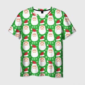 Мужская футболка 3D с принтом Дед Мороз на зеленом фоне в Петрозаводске, 100% полиэфир | прямой крой, круглый вырез горловины, длина до линии бедер | 