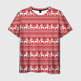 Мужская футболка 3D с принтом Новогодние олени в Новосибирске, 100% полиэфир | прямой крой, круглый вырез горловины, длина до линии бедер | 