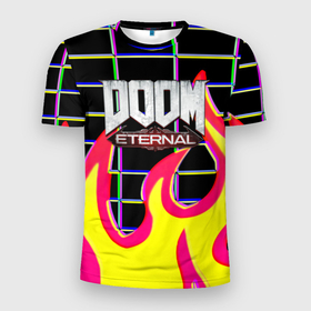 Мужская футболка 3D Slim с принтом Doom Eternal retro game в Курске, 100% полиэстер с улучшенными характеристиками | приталенный силуэт, круглая горловина, широкие плечи, сужается к линии бедра | 