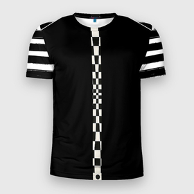 Мужская футболка 3D Slim с принтом Иллюзия заполненного пространства  черный клетка и белые полосы в Тюмени, 100% полиэстер с улучшенными характеристиками | приталенный силуэт, круглая горловина, широкие плечи, сужается к линии бедра | 