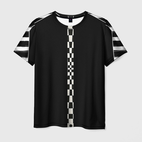 Мужская футболка 3D с принтом Иллюзия заполненного пространства  черный клетка и белые полосы в Тюмени, 100% полиэфир | прямой крой, круглый вырез горловины, длина до линии бедер | 