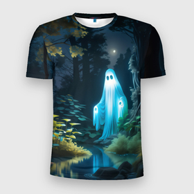 Мужская футболка 3D Slim с принтом Призрак в лесу у воды в Курске, 100% полиэстер с улучшенными характеристиками | приталенный силуэт, круглая горловина, широкие плечи, сужается к линии бедра | Тематика изображения на принте: 