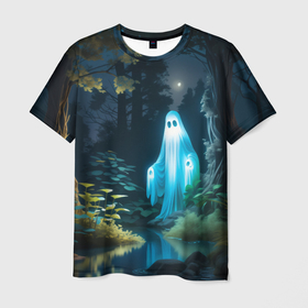 Мужская футболка 3D с принтом Призрак в лесу у воды в Кировске, 100% полиэфир | прямой крой, круглый вырез горловины, длина до линии бедер | 