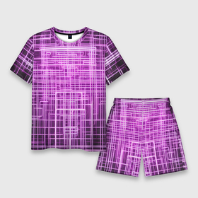 Мужской костюм с шортами 3D с принтом Фиолетовые неоновые полосы киберпанк ,  |  | 