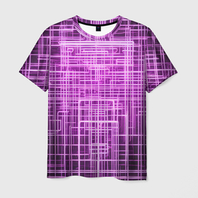 Мужская футболка 3D с принтом Фиолетовые неоновые полосы киберпанк , 100% полиэфир | прямой крой, круглый вырез горловины, длина до линии бедер | 