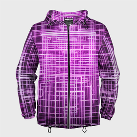 Мужская ветровка 3D с принтом Фиолетовые неоновые полосы киберпанк в Кировске, 100% полиэстер | подол и капюшон оформлены резинкой с фиксаторами, два кармана без застежек по бокам, один потайной карман на груди | 