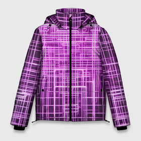 Мужская зимняя куртка 3D с принтом Фиолетовые неоновые полосы киберпанк в Кировске, верх — 100% полиэстер; подкладка — 100% полиэстер; утеплитель — 100% полиэстер | длина ниже бедра, свободный силуэт Оверсайз. Есть воротник-стойка, отстегивающийся капюшон и ветрозащитная планка. 

Боковые карманы с листочкой на кнопках и внутренний карман на молнии. | Тематика изображения на принте: 