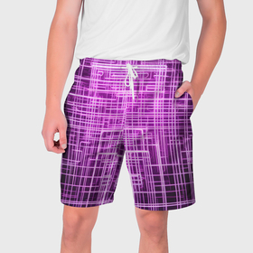 Мужские шорты 3D с принтом Фиолетовые неоновые полосы киберпанк ,  полиэстер 100% | прямой крой, два кармана без застежек по бокам. Мягкая трикотажная резинка на поясе, внутри которой широкие завязки. Длина чуть выше колен | Тематика изображения на принте: 