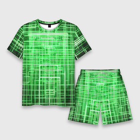 Мужской костюм с шортами 3D с принтом Зелёные неоновые полосы киберпанк ,  |  | 