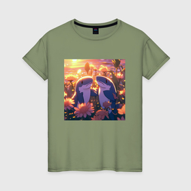 Женская футболка хлопок с принтом Акулы в цветах в Петрозаводске, 100% хлопок | прямой крой, круглый вырез горловины, длина до линии бедер, слегка спущенное плечо | 
