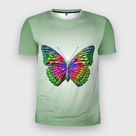 Мужская футболка 3D Slim с принтом Неоновая бабочка в Курске, 100% полиэстер с улучшенными характеристиками | приталенный силуэт, круглая горловина, широкие плечи, сужается к линии бедра | 