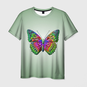 Мужская футболка 3D с принтом Неоновая бабочка в Курске, 100% полиэфир | прямой крой, круглый вырез горловины, длина до линии бедер | 