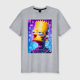 Мужская футболка хлопок Slim с принтом Cyber Bart Simpson   ai art в Кировске, 92% хлопок, 8% лайкра | приталенный силуэт, круглый вырез ворота, длина до линии бедра, короткий рукав | 