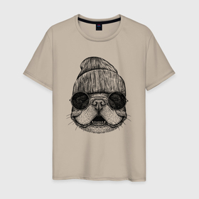 Мужская футболка хлопок с принтом Французский бульдог хипстер в Белгороде, 100% хлопок | прямой крой, круглый вырез горловины, длина до линии бедер, слегка спущенное плечо. | 