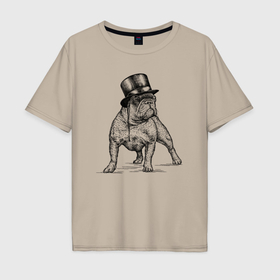Мужская футболка хлопок Oversize с принтом Французский бульдог в цилиндре в Тюмени, 100% хлопок | свободный крой, круглый ворот, “спинка” длиннее передней части | 