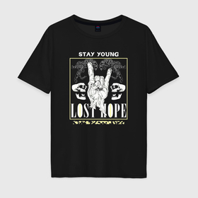 Мужская футболка хлопок Oversize с принтом Stay young lost hope в Петрозаводске, 100% хлопок | свободный крой, круглый ворот, “спинка” длиннее передней части | 