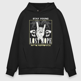 Мужское худи Oversize хлопок с принтом Stay young lost hope в Новосибирске, френч-терри — 70% хлопок, 30% полиэстер. Мягкий теплый начес внутри —100% хлопок | боковые карманы, эластичные манжеты и нижняя кромка, капюшон на магнитной кнопке | 